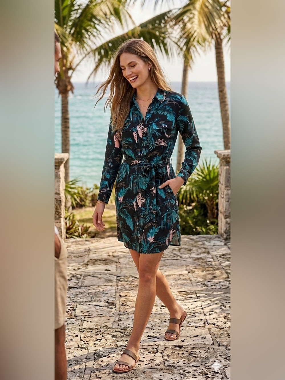 Equipment 100% Silk Tropical Palm Print Shirt Dress Teal Blue Long Sleeve Mini M
